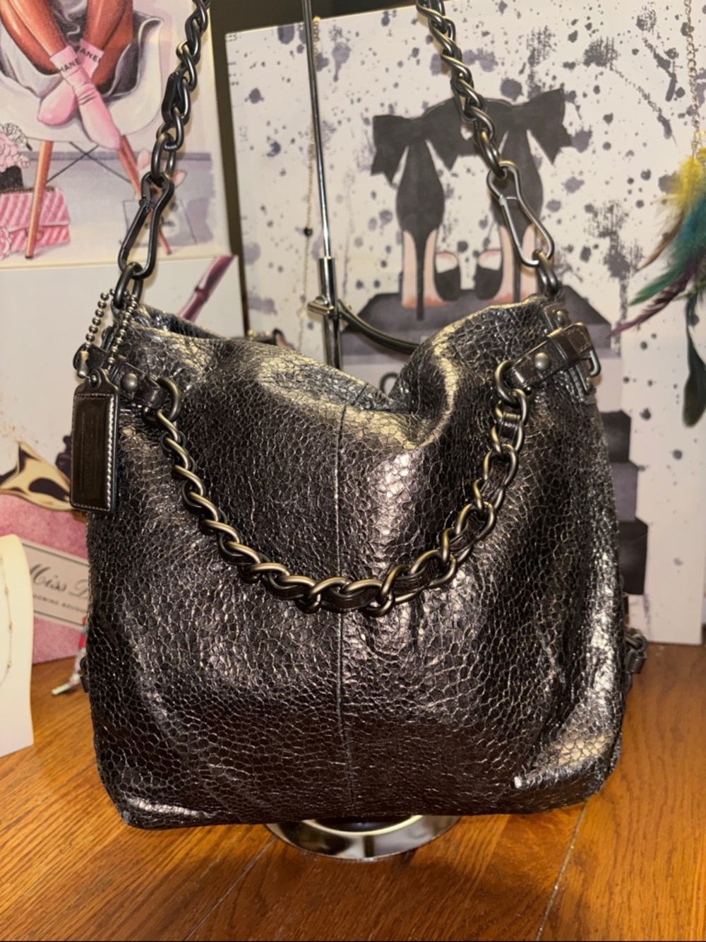 Coach Poppy Metallic Glam Leather Chain Tote Shoulder Bag 14347 Gunmetal